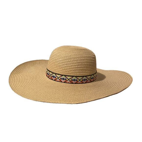 Straw Beach Cover Hat Wicker Beige Multicolored Embroidered Ribbon Summer Spring - Picture 2 of 10